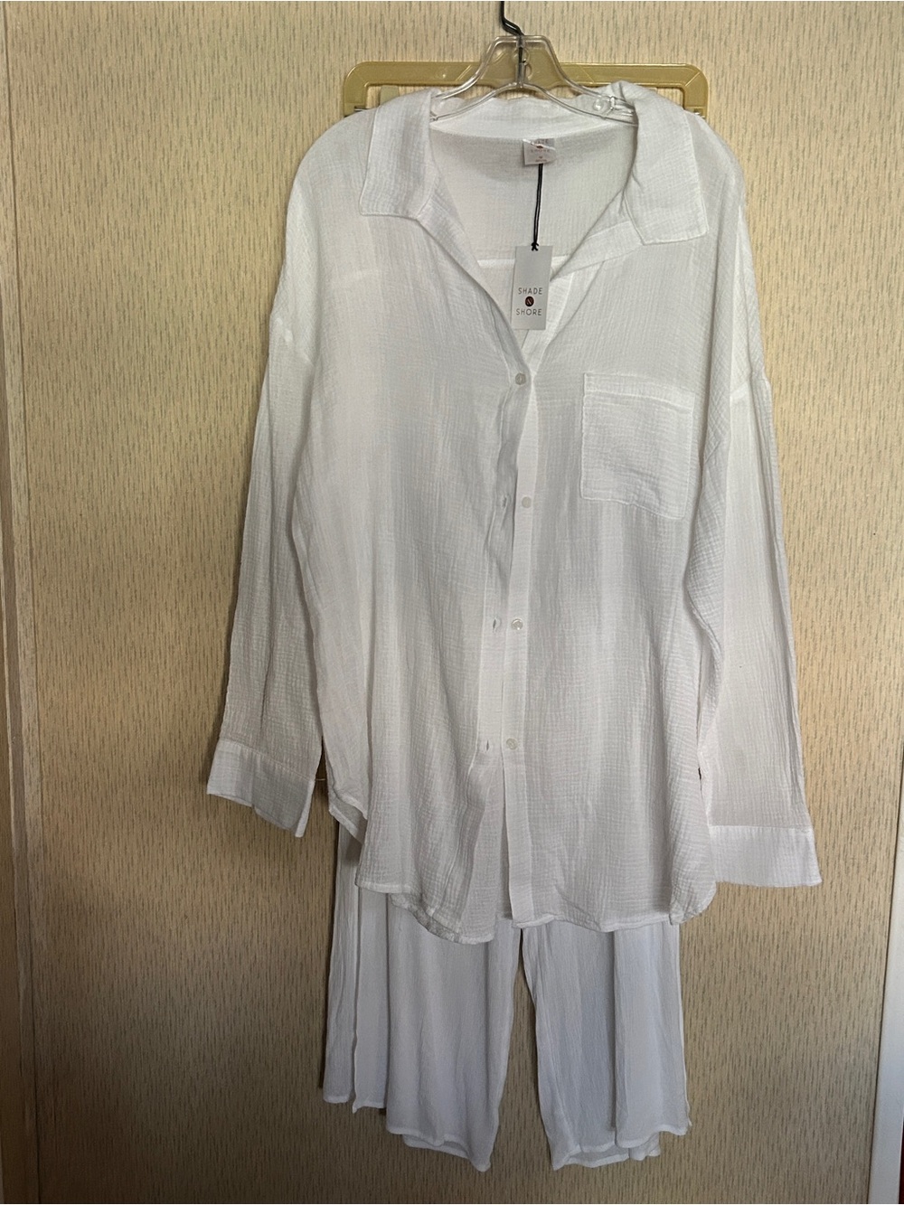 Shade & Shore Womens White Sheer Linen Shirt Pants Coverup Set Size Medium NEW